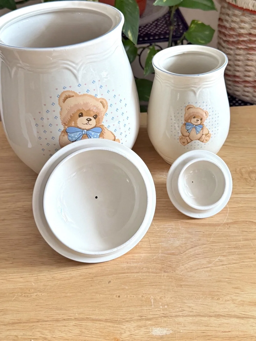 Tienshan Stoneware Vintage Country Bear Canister Set Small and Large Set of 2